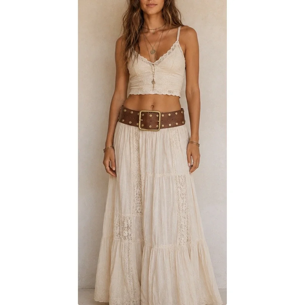 NWT Free People Brown Cognac & Brass Hex Hip Belt Size M/L Y2K